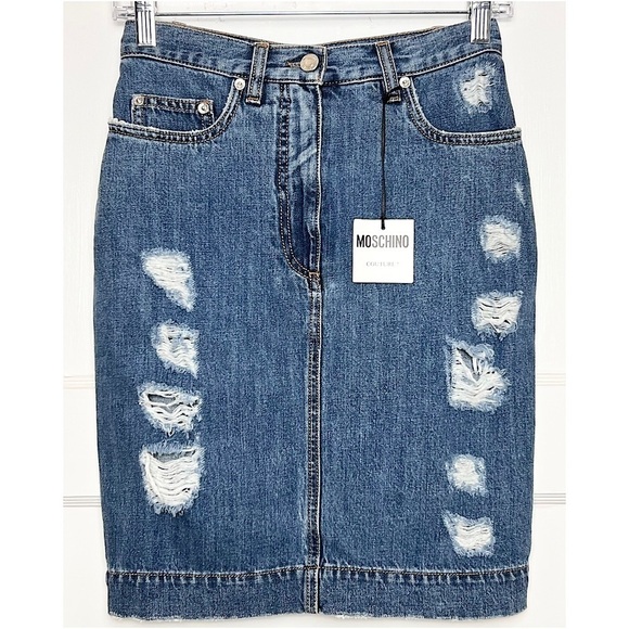 NWT MOSCHINO Retro 90s High Waist Question Mark Logo Distress Denim Jean Skirt 2 - Picture 1 of 6